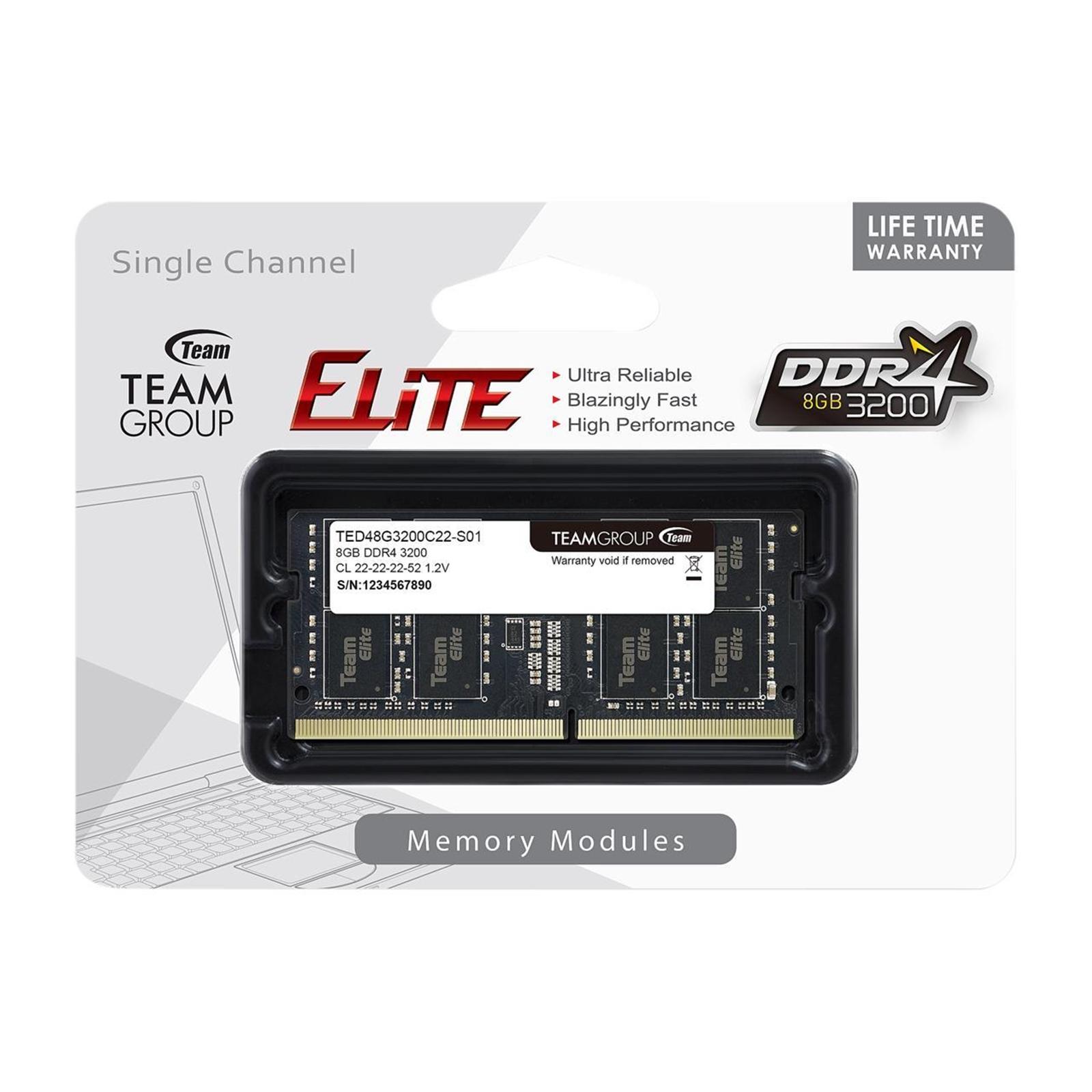 RAM TEAMGROUP Elite 8GB (1x8) DDR4-3200 SODIMM CL22 (TED48G3200C22-S01) slide image 1